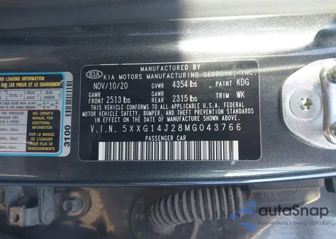 2021 Kia K5 Lxs z USA, uszkodzony, nr VIN 5XXG14J28MG043766